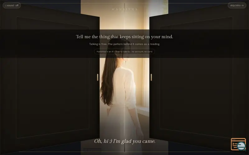 Screenshot of Hanbitna — say one tangled thing to an AI, and she reads the pattern under it