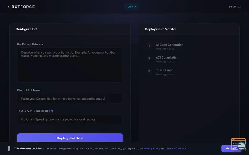 Screenshot of BotForge // Instant Discord Bot Deployer