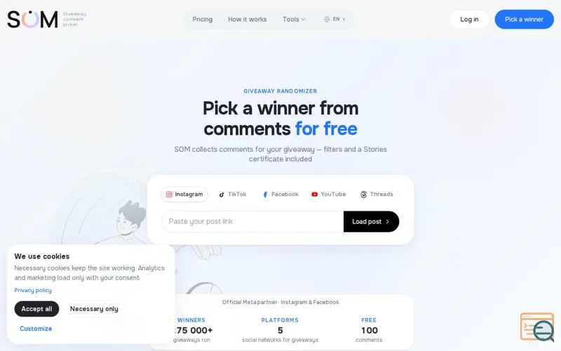 Screenshot of SOM Giveaway comment picker, a launch using Ukraine.com.ua Email