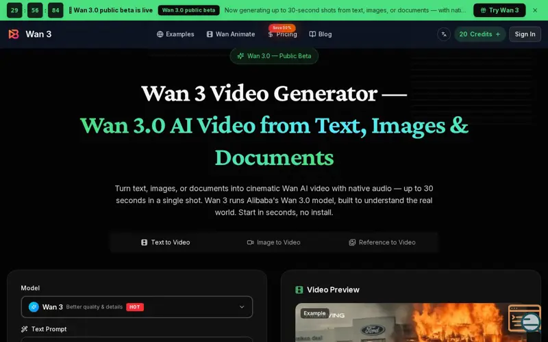 Screenshot of Wan 3 — Alibaba Wan 3.0 AI Video Generator & Wan AI Video