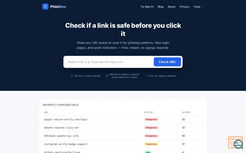 Screenshot of PhishBee — Whatsapp Scam and Url checker