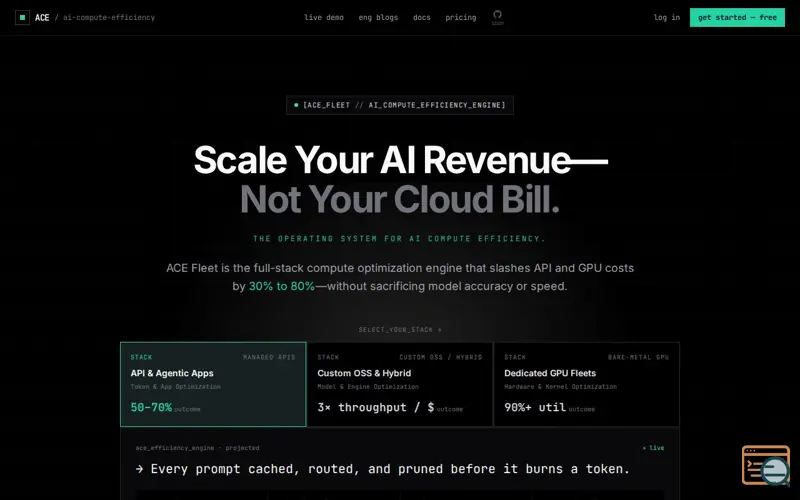 Screenshot of ACE — Scale AI Revenue. Slash Cloud & GPU Costs 30–80%.