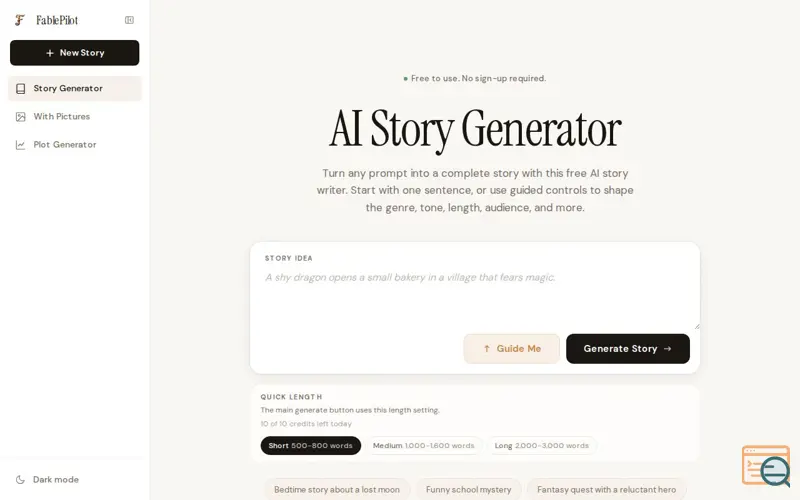 Screenshot of AI Story Generator Free