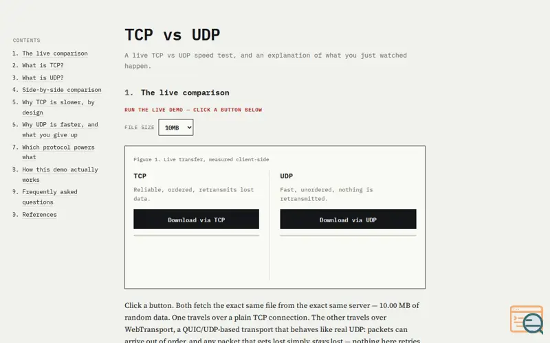 Screenshot of TCP vs. UDP speed test