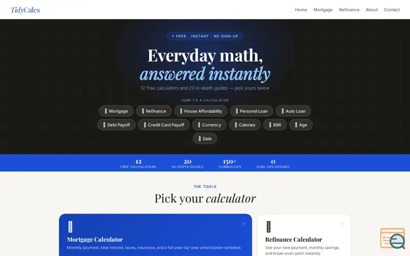 Screenshot of TidyCalcs — Free Online Calculators