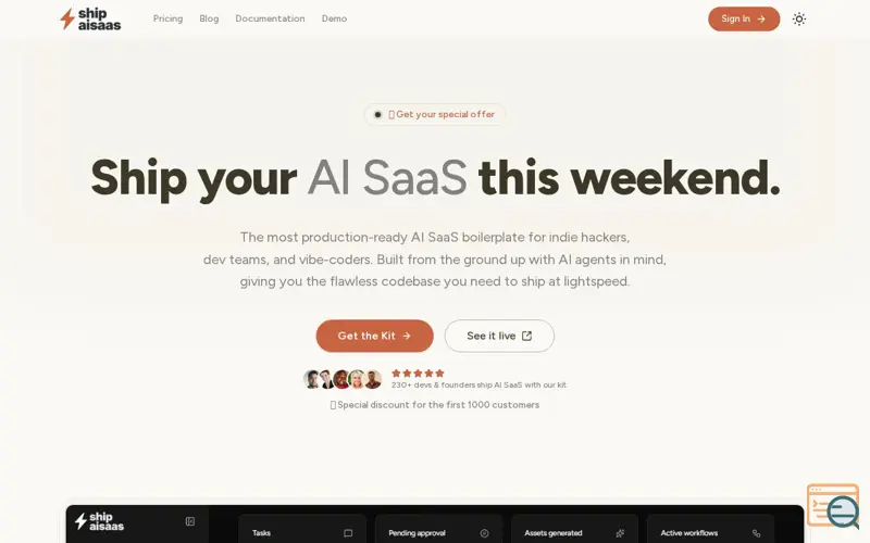 Screenshot of Ship AI SaaS, a launch using tweakcn
