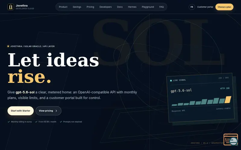 Screenshot of Jovethra Developer Cloud | API gpt-5.6-sol