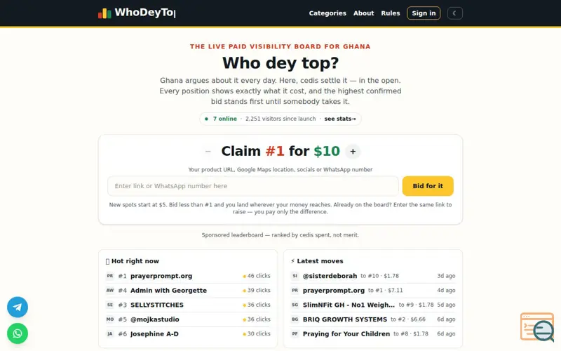 Screenshot of WhoDeyTop — the live paid visibility board for Ghana