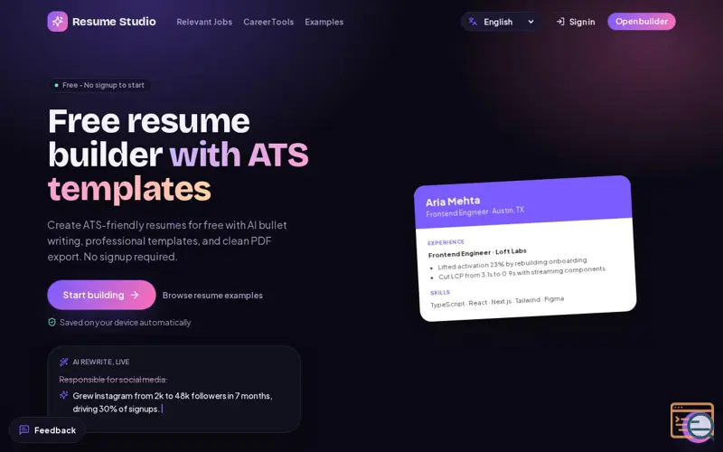 Screenshot of Free Resume Studio
