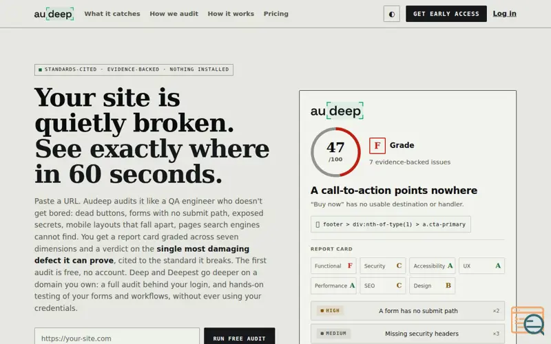 Screenshot of Audeep · Find what’s silently broken on your site