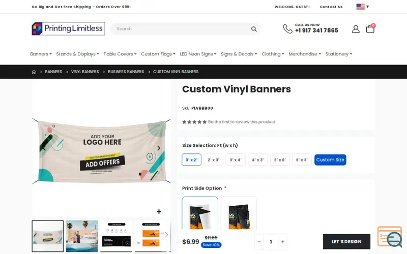 Screenshot of Custom Vinyl Banners, a launch using AddThis