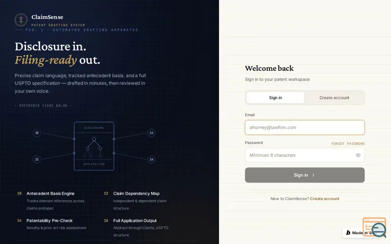 Screenshot of Claim Sense AI - Patent Drafting System