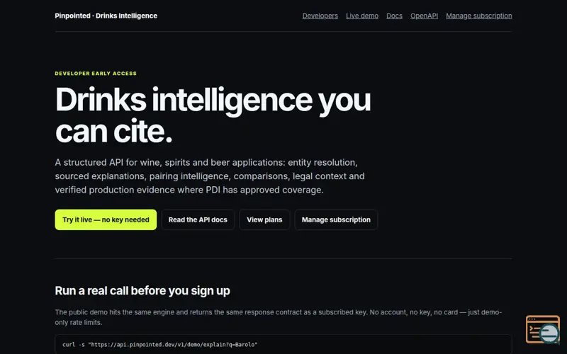 Screenshot of Pinpointed Drinks Intelligence API