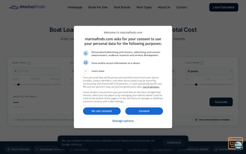Screenshot of Marina Finds - Boat Loan Calculator