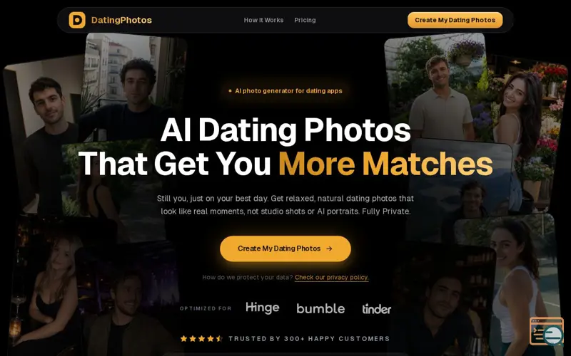 Screenshot of AI Dating Photos Generator for Tinder, Bumble & Hinge, a launch using Top AI Tools Review