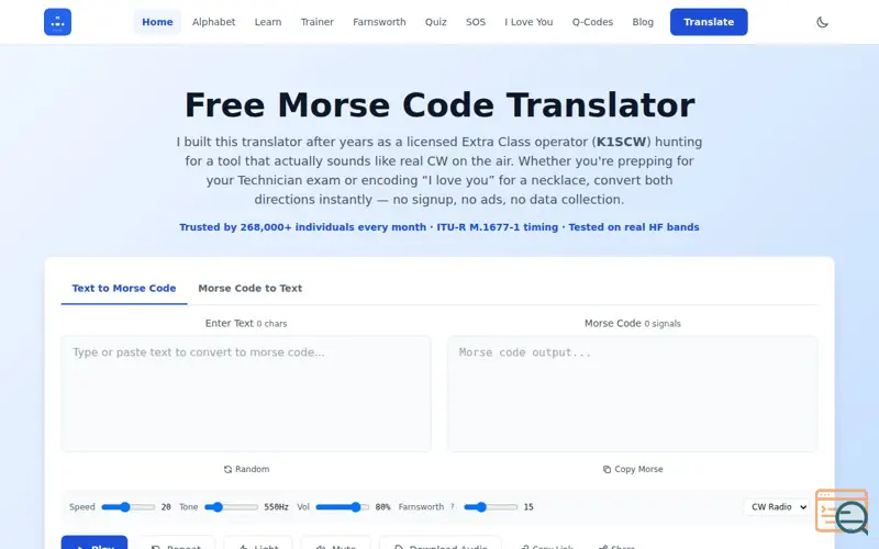 Screenshot of Free Morse Code Translator | Text to Morse & Morse to Text Online