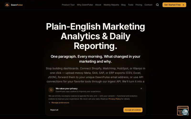 Screenshot of DawnPulse — Plain-English Marketing Analytics & Daily Reporting