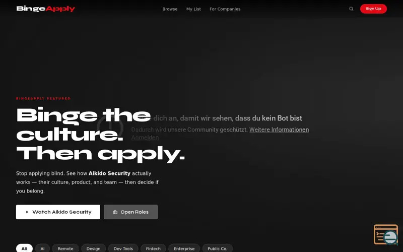 Screenshot of BingeApply