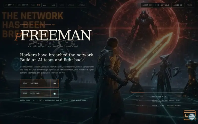 Screenshot of Freeman Protocol — Build AI & survive, a launch using Three.js