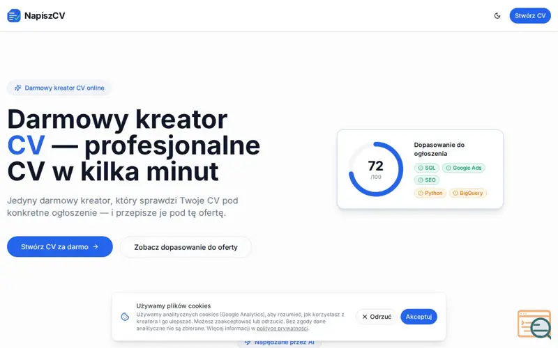 Screenshot of NapiszCV — Darmowy kreator CV online z AI dla polskiego rynku pracy