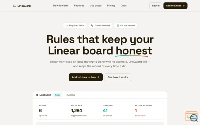 Screenshot of LineGuard — Workflow Rules for Linear