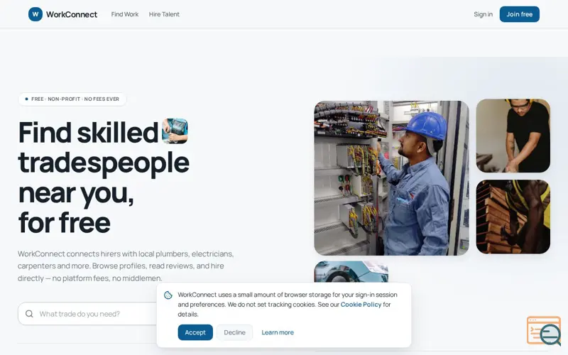 Screenshot of WorkConnect — Find Skilled Tradespeople