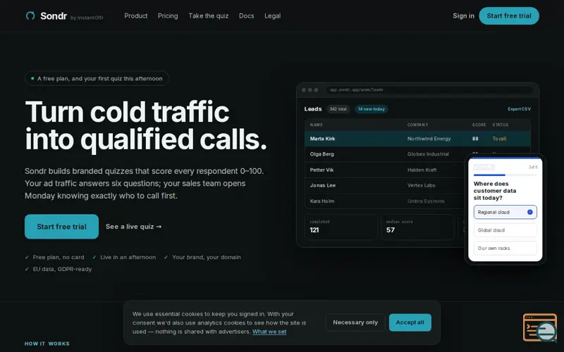 Screenshot of Sondr—Turn cold traffic into leads