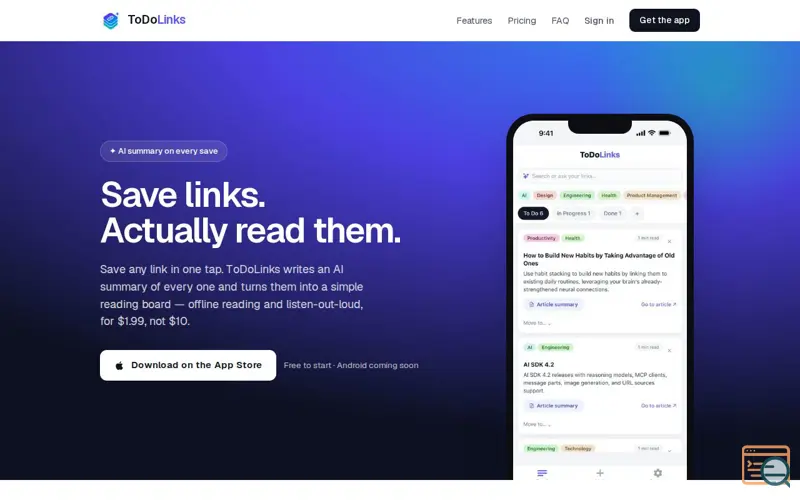 Screenshot of ToDoLinks — Save links, actually read them