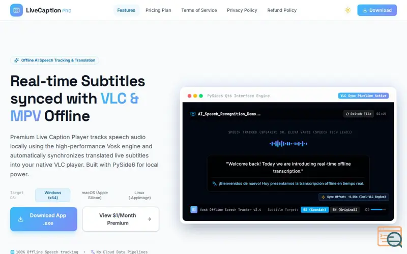 Screenshot of Premium Live Caption Player