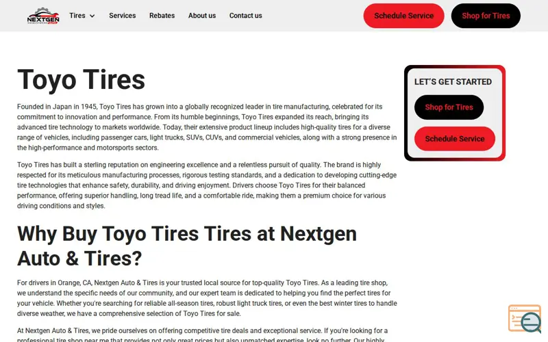 Screenshot of Toyo Tires, a launch using Ketch