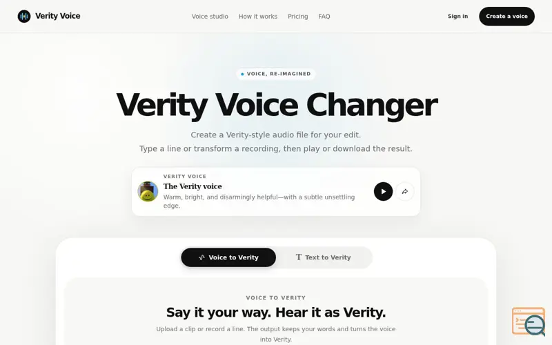 Screenshot of Verity Voice Changer — Turn Audio or Text into Verity Voice