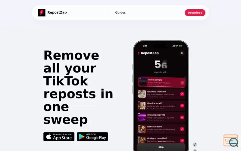 Screenshot of RepostZap — TikTok Repost Remover: Remove All Reposts at Once
