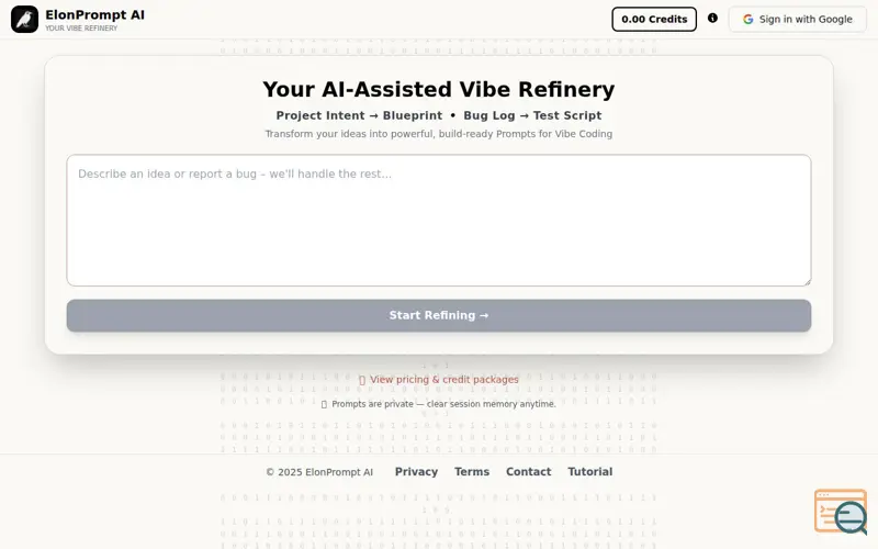 Screenshot of ElonPrompt AI: Your Vibe Coding Refinery
