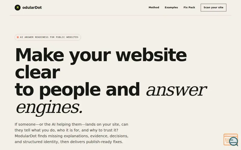 Screenshot of ModularDot — AI Answer Readiness for Public Websites