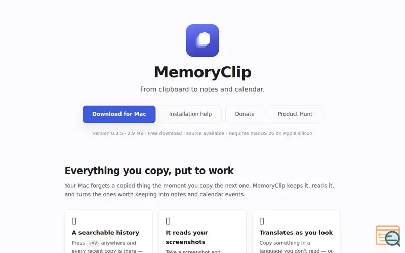 Screenshot of MemoryClip