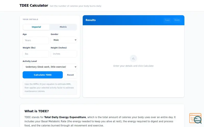 Screenshot of TDEE Calculator