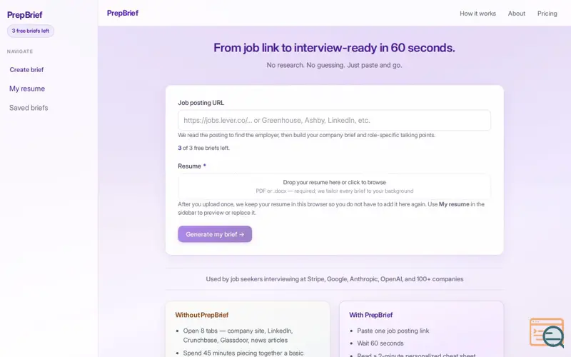 Screenshot of PrepBrief