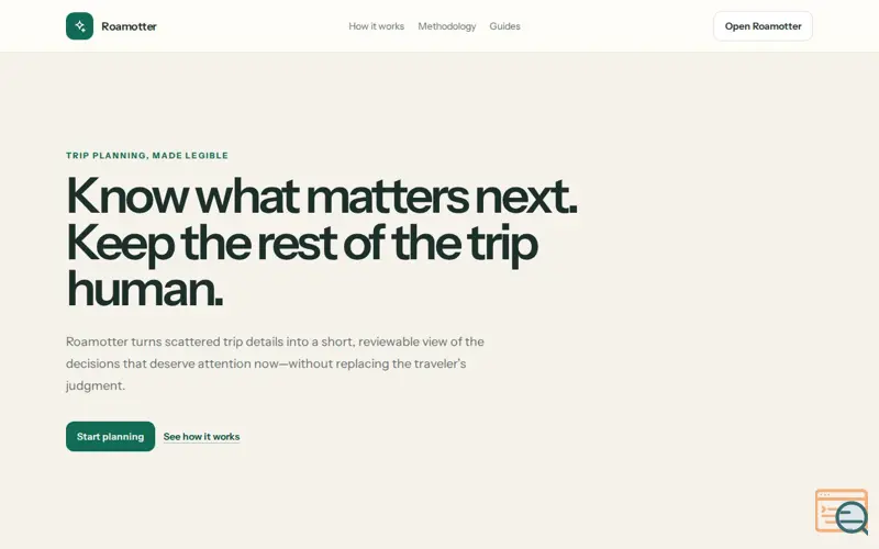 Screenshot of Roamotter · Travel planning that tells you what matters next