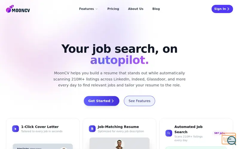 Screenshot of MoonCV, a launch using Dang.ai