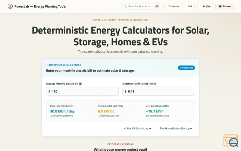 Screenshot of PowerLab — Energy Planning Tools