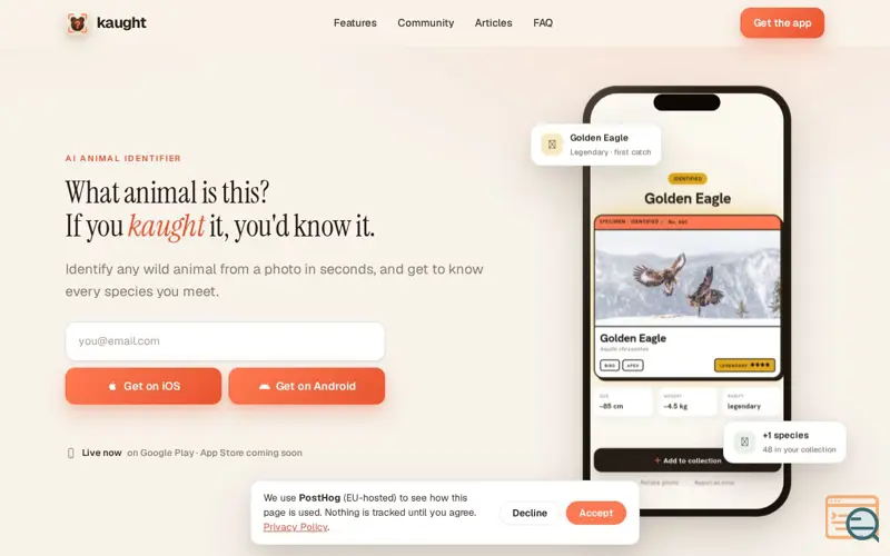 Screenshot of AI Animal Identifier by Kaught