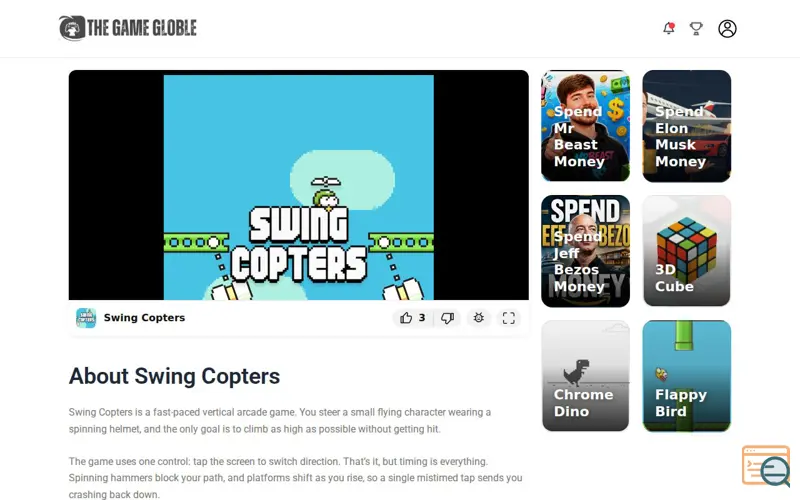 Screenshot of TheGameGloble - Swing Copters, a launch using Yoast
