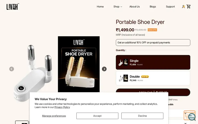 Screenshot of LivinH Portable Shoe Dryer, a launch using Snowplow