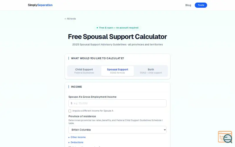 Screenshot of Simply Separation | Support Calculator