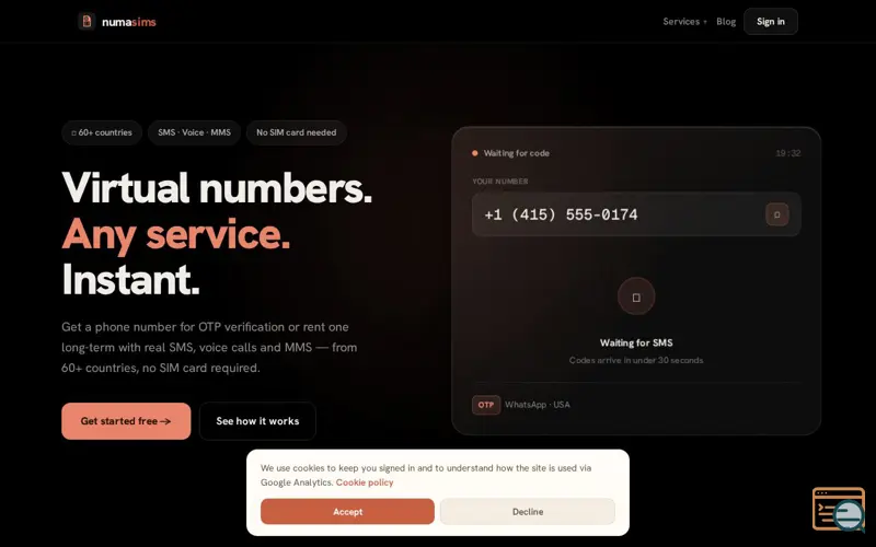Screenshot of numasims — Virtual Phone Numbers 