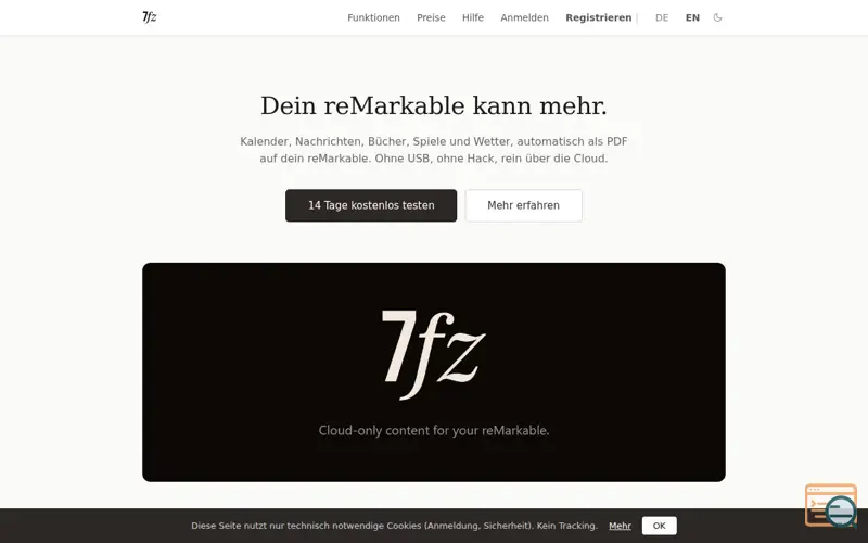 Screenshot of 7fz · Your reMarkable can do more., a launch using ALL-INKL.COM DNS