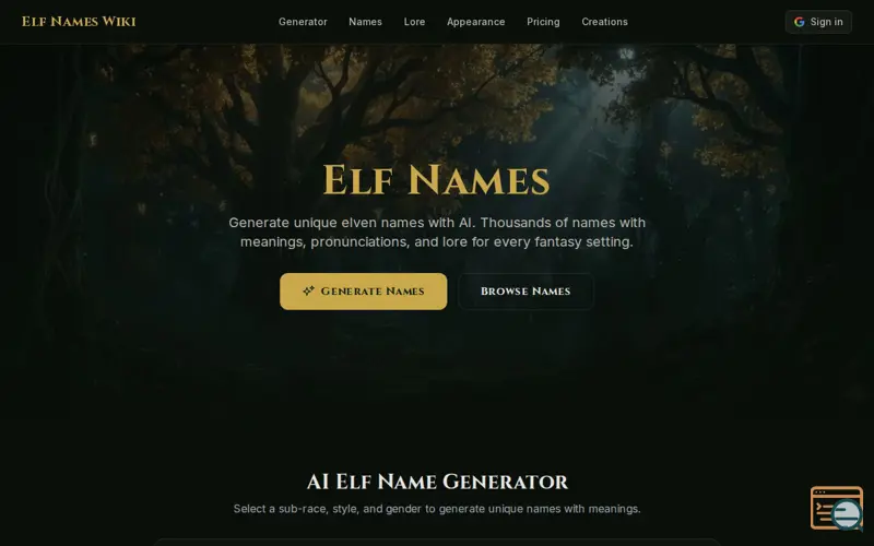 Screenshot of Elf Names Wiki