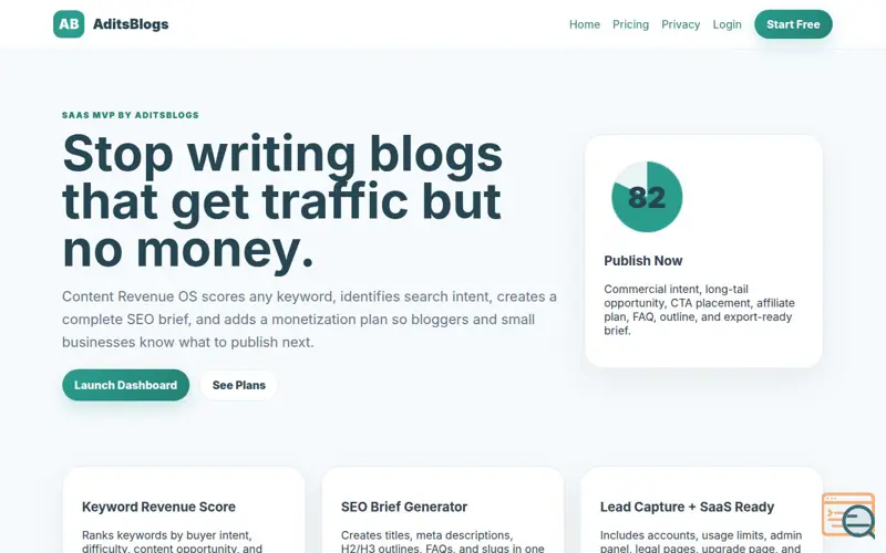 Screenshot of AditsBlogs SEO Revenue Brief Generator