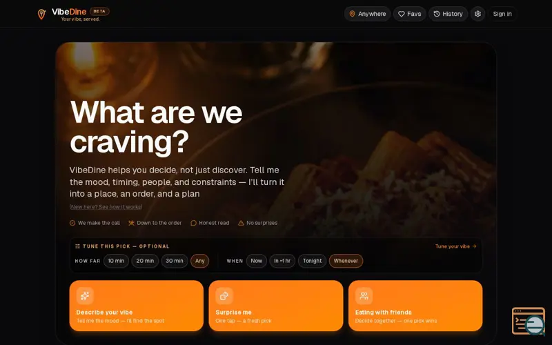 Screenshot of VibeDine — Your vibe, served.