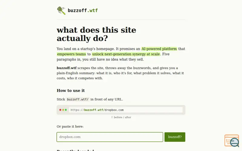 Screenshot of BuzzOff.wtf